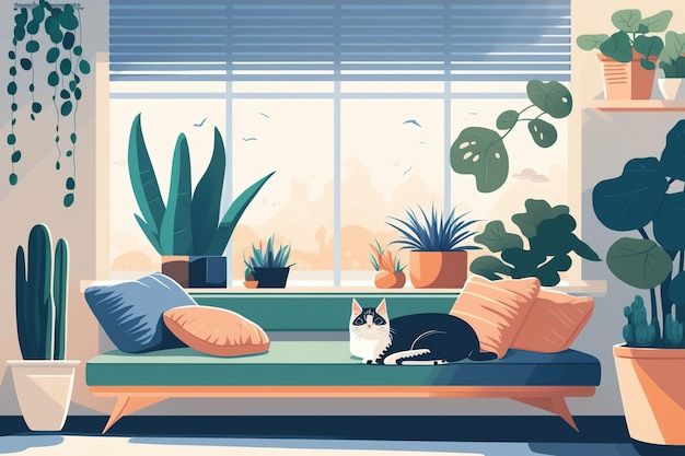 Realistic bright colourful living room with comfortable cushion bench seated and trendy houseplants and a healthy cat napping on a pet bed by the window with morning sunlight Space Home