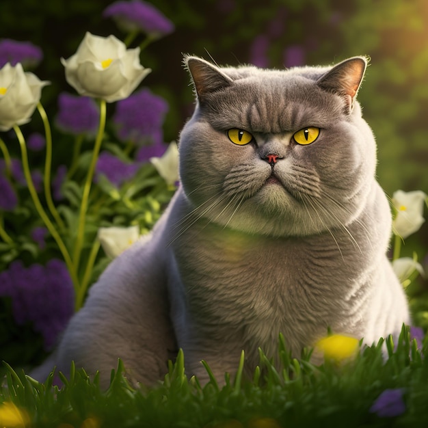 Realistic british shorthair cat on ravishing natural outdoor background