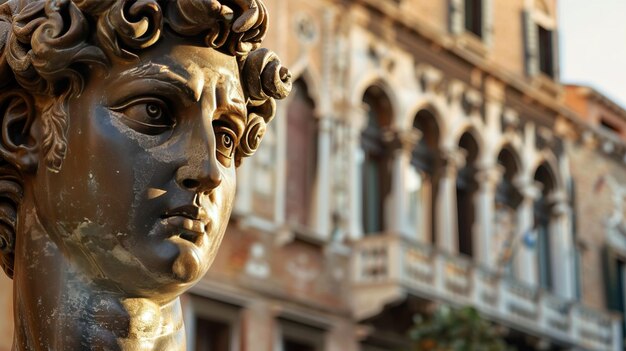 Photo realistic bronze david sculpture with intricate renaissance architecture in the background