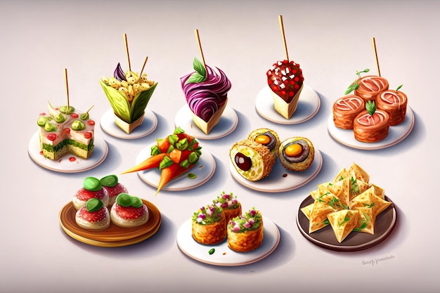 Realistic of buffet food cwedding catering food mini canapes tasty dessert snacks and appetizers Made by AIArtificial intelligenceatering food party at restaurant Made by AIArtificial intelligence