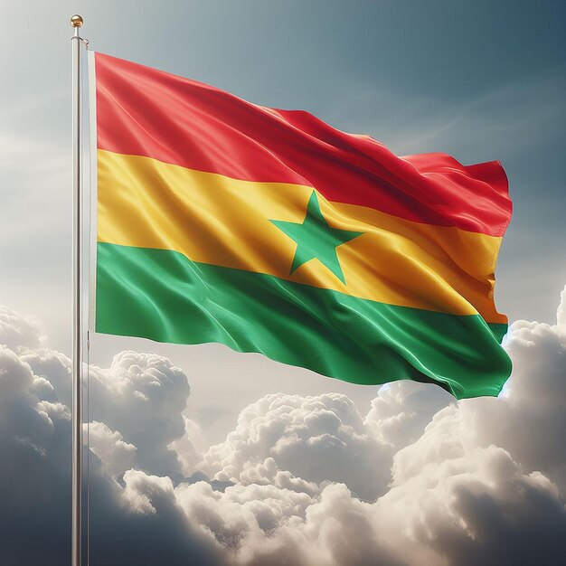 Realistic Burkina Faso Flag on flag pole waving in the wind against white clouds