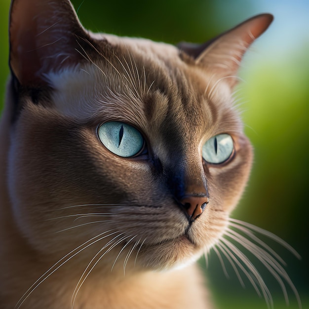 Realistic burmese cat on ravishing natural outdoor background