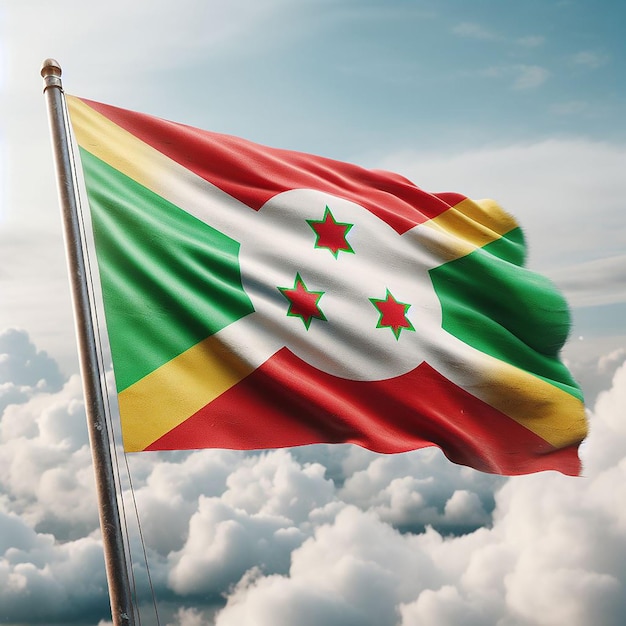 Realistic Burundi Flag on flag pole waving in the wind against white clouds