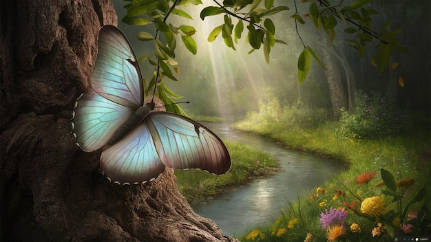 Realistic Butterfly on tree trunk wallpaper background