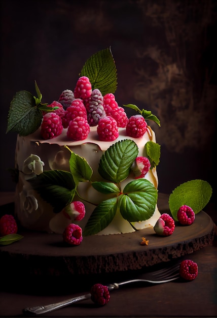 Realistic cake decorated with raspberries