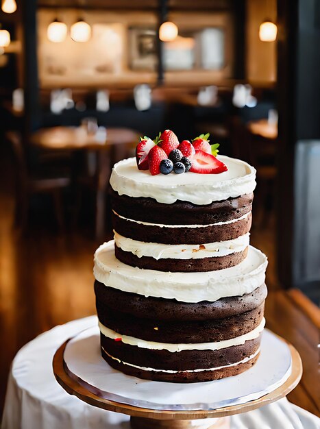 Realistic cake with cozy atmosphere in neutral colors warm lighting restaurant setting highly detailed long shot with no people Generative AI Generated