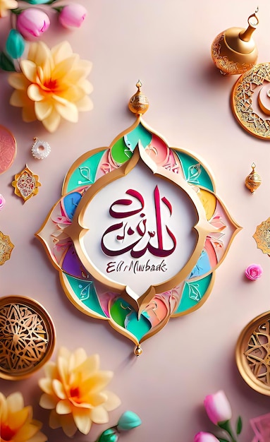 Realistic calligraphy on Islamic background Muslim holidays celebration Islamic holiday greeting c