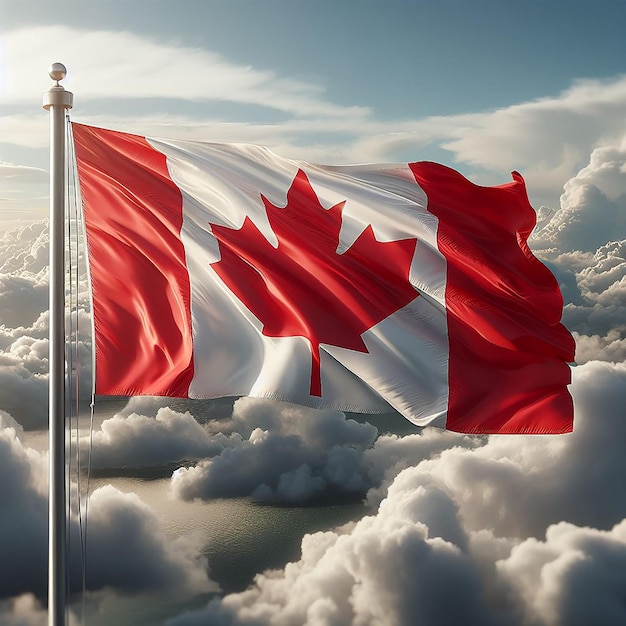 Realistic Canada Flag on flag pole waving in the wind against white clouds