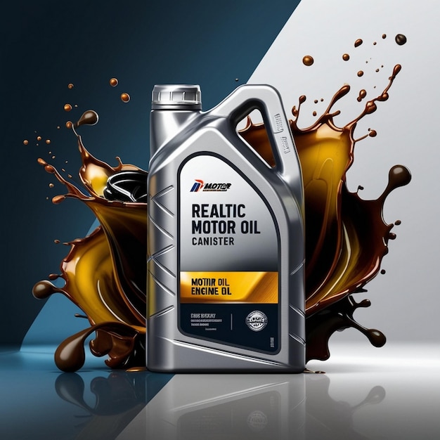 Realistic car engine motor oil bottle with liquid splash vector background poster advertising