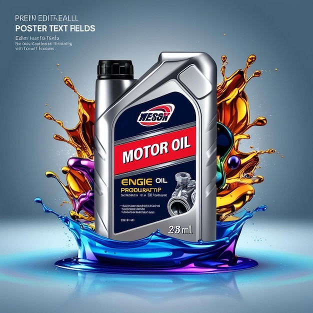 Realistic car engine motor oil bottle with liquid splash vector background poster advertising