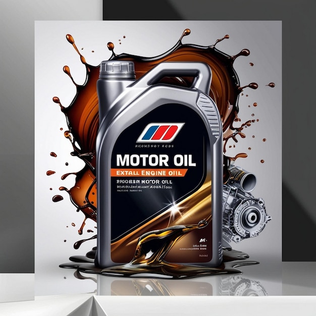 Realistic car engine motor oil bottle with liquid splash vector background poster advertising