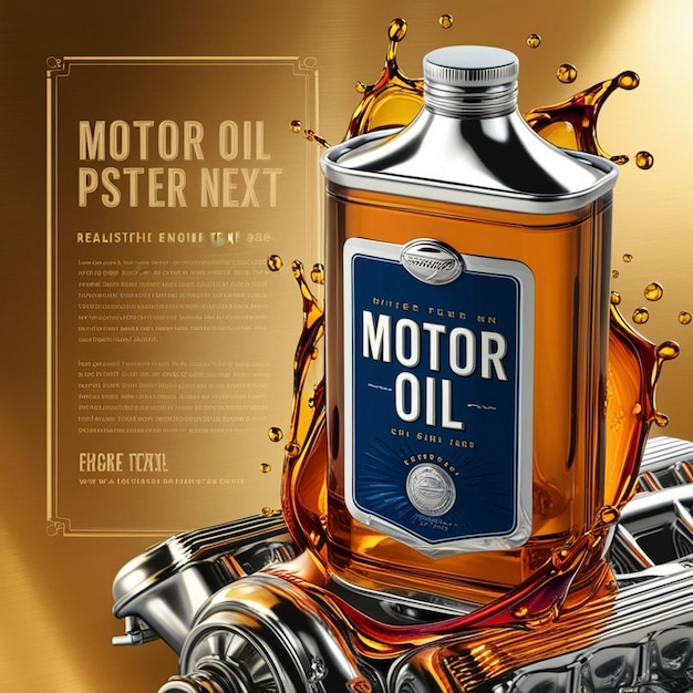 Realistic car engine motor oil bottle with liquid splash vector background poster advertising