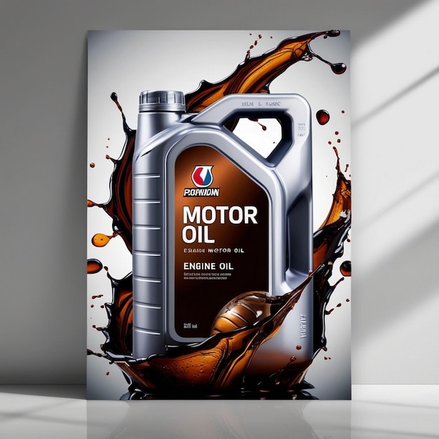 Realistic car engine motor oil bottle with liquid splash vector background poster advertising