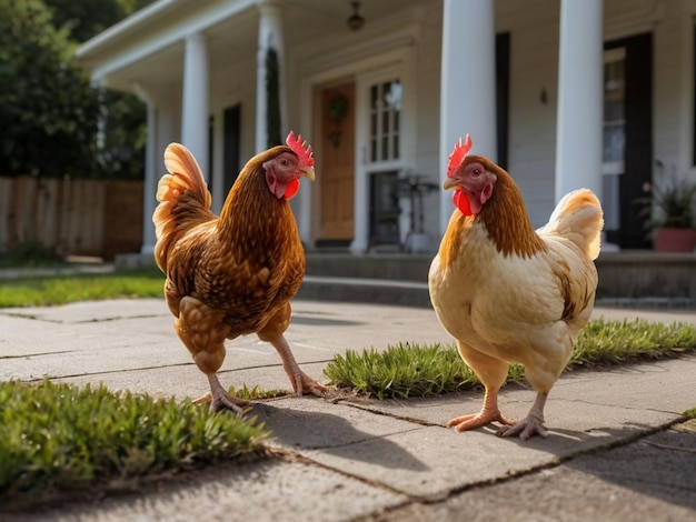 Realistic chicken eating food in front of a house