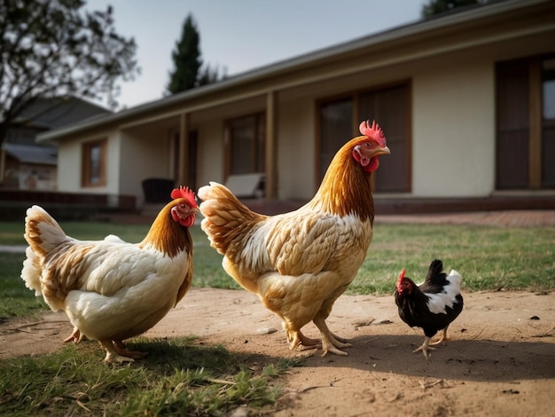 Realistic chicken eating food in front of a house