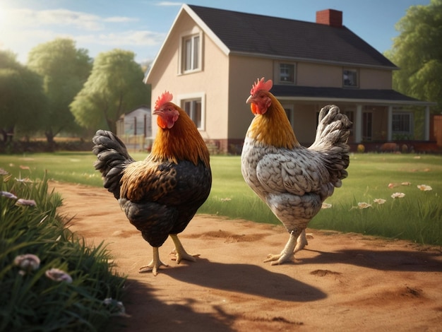 Realistic chicken eating food in front of a house