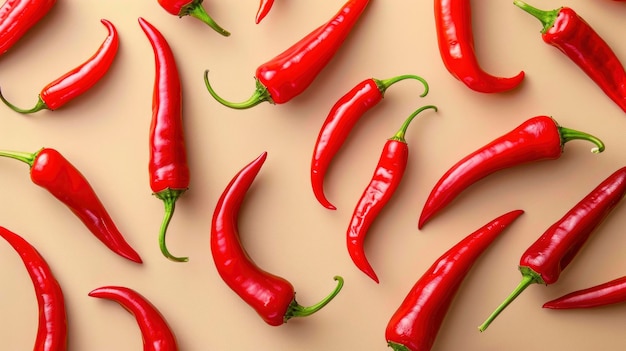 Realistic chilli peppers apart from each other photo pattern flat color background