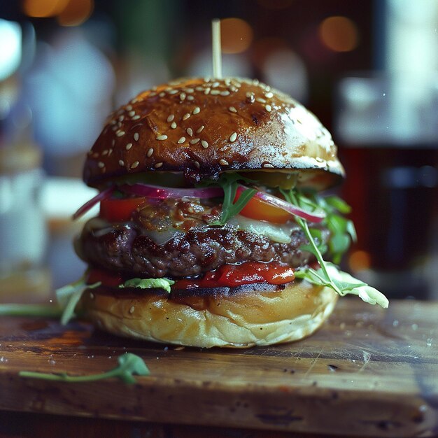 Photo a realistic closeup of a delicious gourmet burger