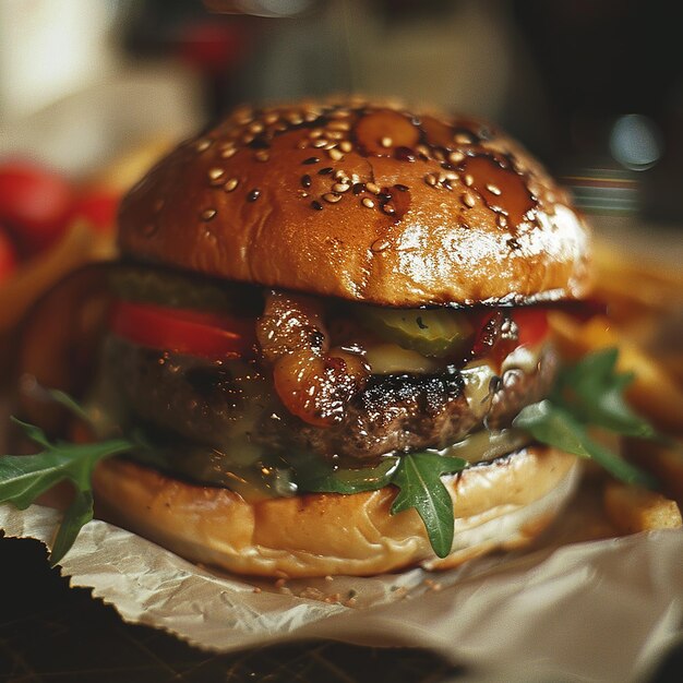 Photo a realistic closeup of a delicious gourmet burger