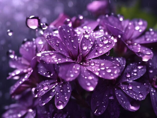 Photo realistic closeup of purple flowers adorned with raindrops