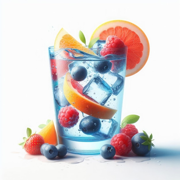 Realistic cocktail with colored fruits on the glass