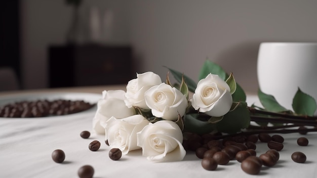 Realistic coffee beans bouquet of white roses on white table