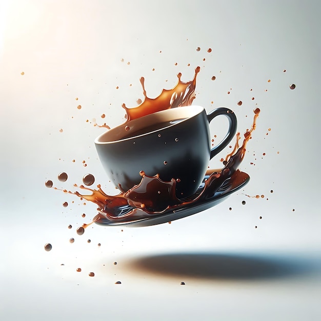 Photo realistic coffee cup floating amidst dark coffee splash and droplets