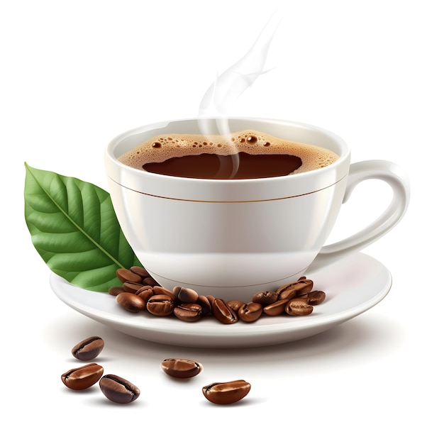 Realistic Coffee Cup with Steam Beans and Leaves Isolated on White