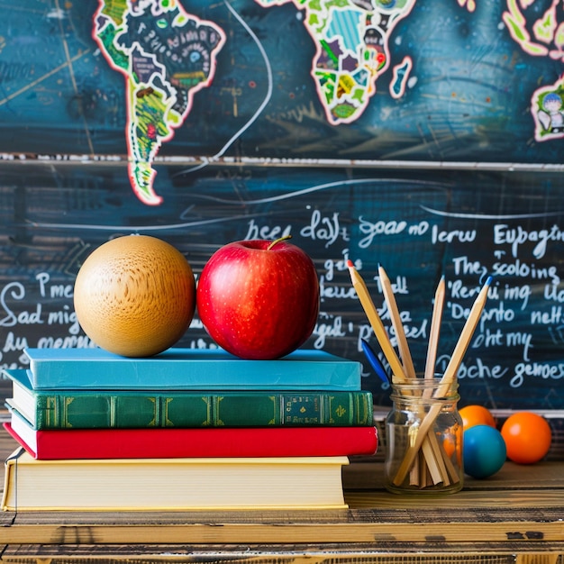 Realistic Collage Classroom Photo Books Pencils Apples for Teacher Day