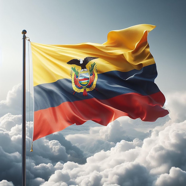 Realistic Colombia Flag on flag pole waving in the wind against white clouds