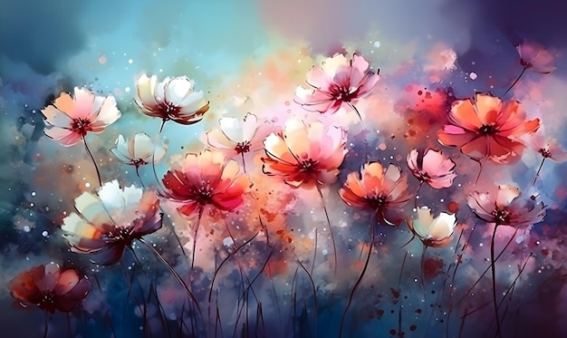 Realistic colorful cosmos flowers illustration wallpaper design