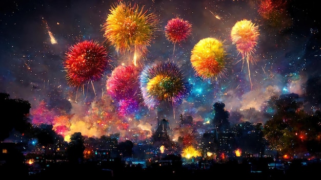 Realistic colorful explosion of fireworks over the night city