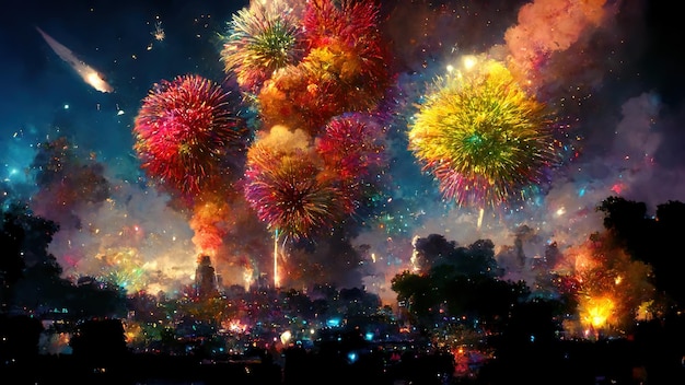 Realistic colorful explosion of fireworks over the night city