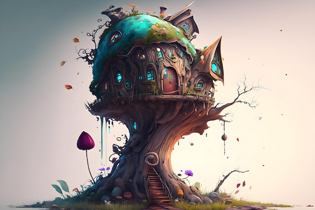 Photo realistic colorful tall goblin mushroom anthropomorphic home generative ai