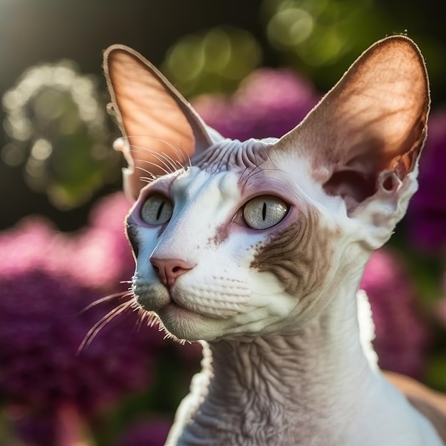 Realistic cornish rex cat on ravishing natural outdoor background