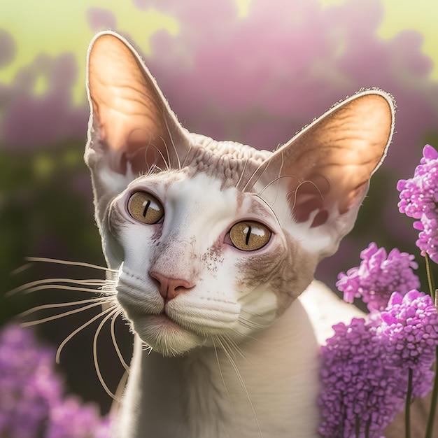 Realistic cornish rex cat on ravishing natural outdoor background