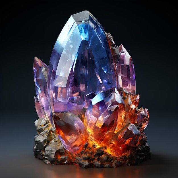 Realistic Crystal game element asset blue and orange gem on dark background stone clusters with glowing light aura