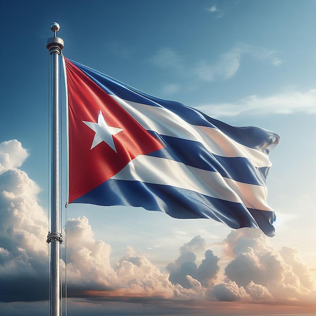 Realistic Cuba Flag on flag pole waving in the wind against white clouds