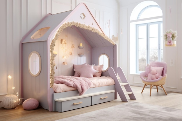 Realistic cute child bed with house shape