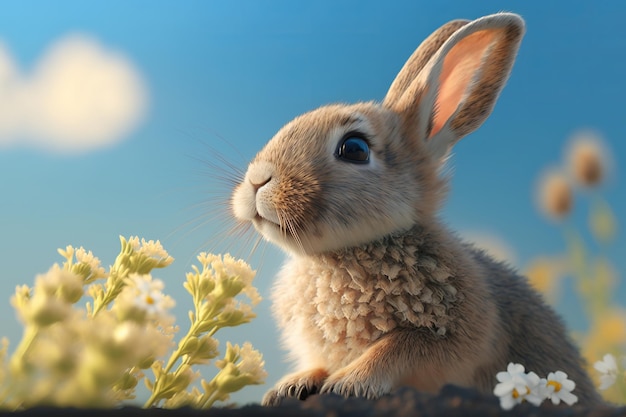 Realistic Cute Rabbit surrounded by the flowers blue sky background Created with Generative Ai