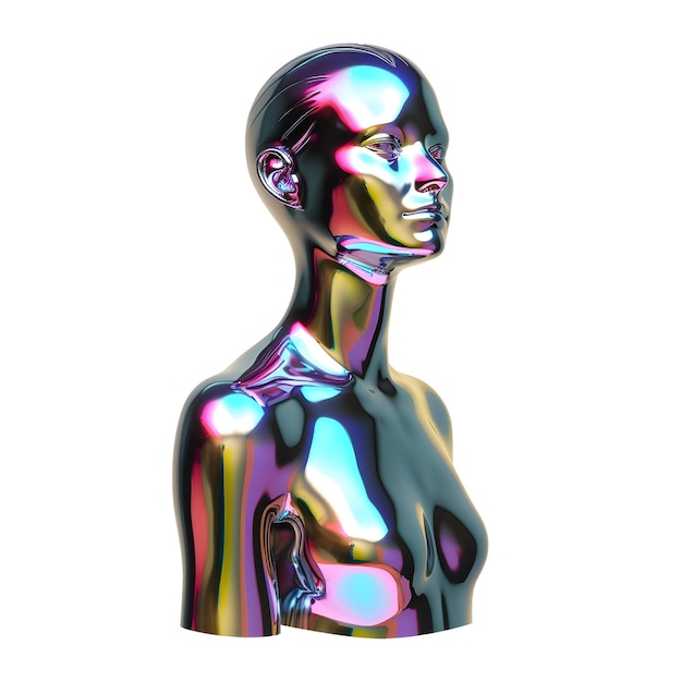 Photo realistic cyber woman sculpture from liquid holographic metal chrome airbrush y2k style transparent png generative ai