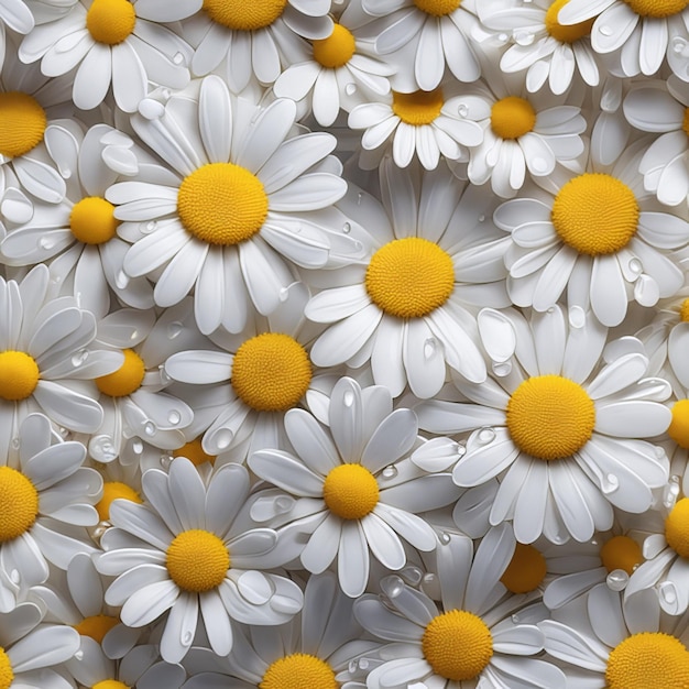 Realistic daisy flowers set with light particles water drops