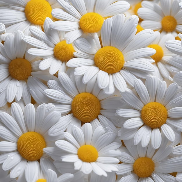 Realistic daisy flowers set with light particles water drops