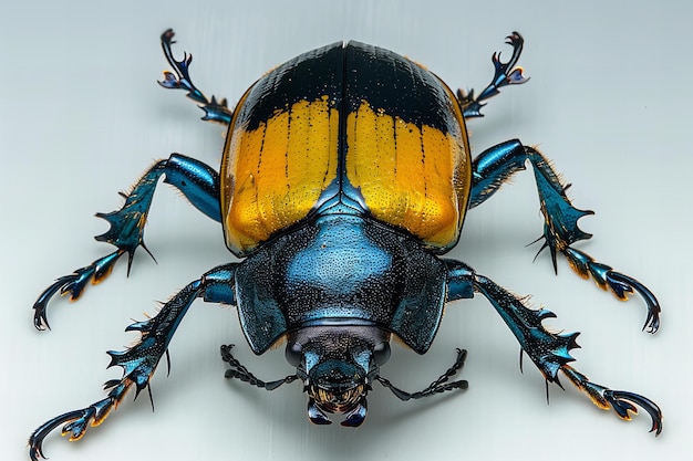 Realistic dark blue and yellow flying beetle on white background no shadows