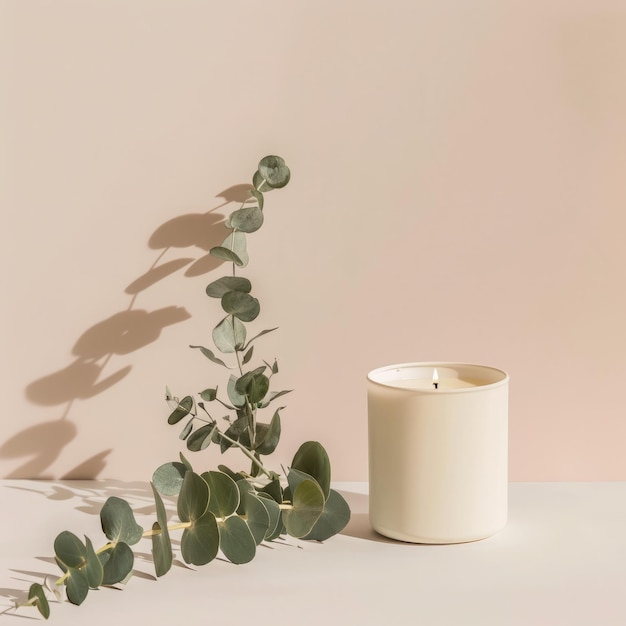 Realistic decorative candle with eucalyptus