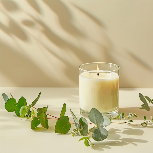 Realistic decorative candle with eucalyptus