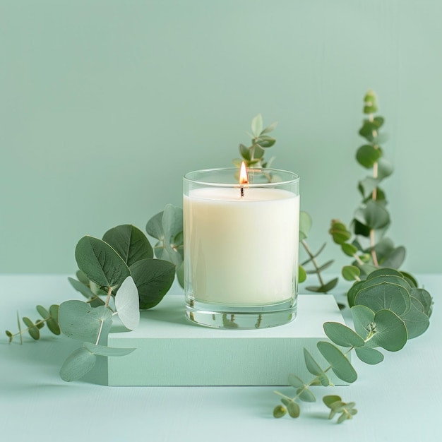 Realistic decorative candle with eucalyptus