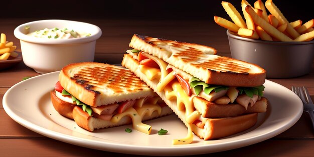 Realistic Delicious Grilled Chicken Cheese Sandwich with French Fries American Food 3D Render