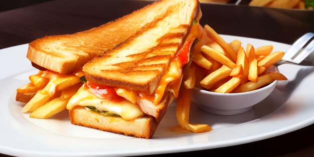 Realistic Delicious Grilled Chicken Cheese Sandwich with French Fries American Food 3D Render