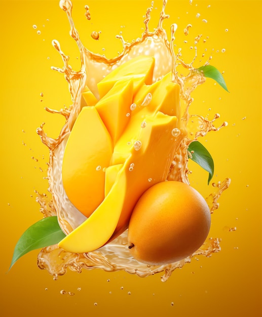 Realistic delicious mango in juice splashes